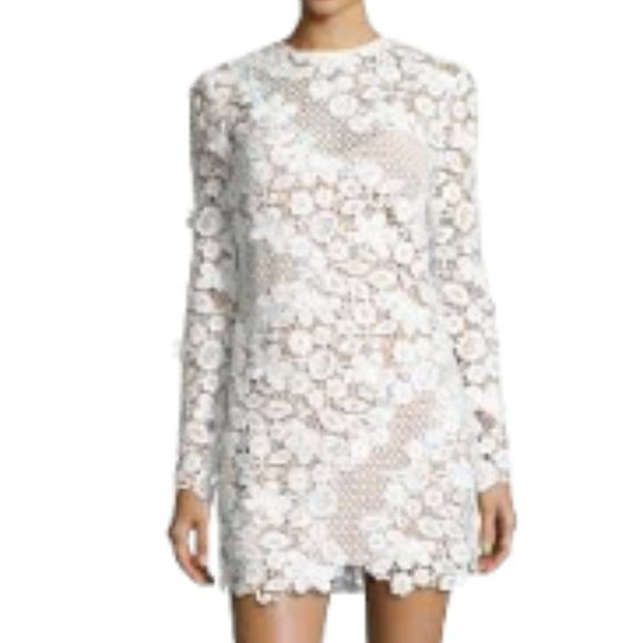 Self-Portrait 3D Flower White Lace Long Sleeve Mini Dress Size 8 - Picture 3 of 15